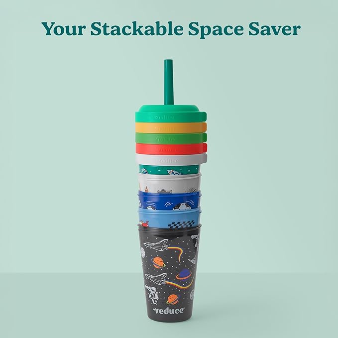 REDUCE GoGo's Kids Portable Tumbler Cups with Lids and Spill-Proof Straws - 5 Pack of Stackable 12 oz Tumblers with Twist-On Lids - Easy Storage, Dishwasher Safe - New Explorer