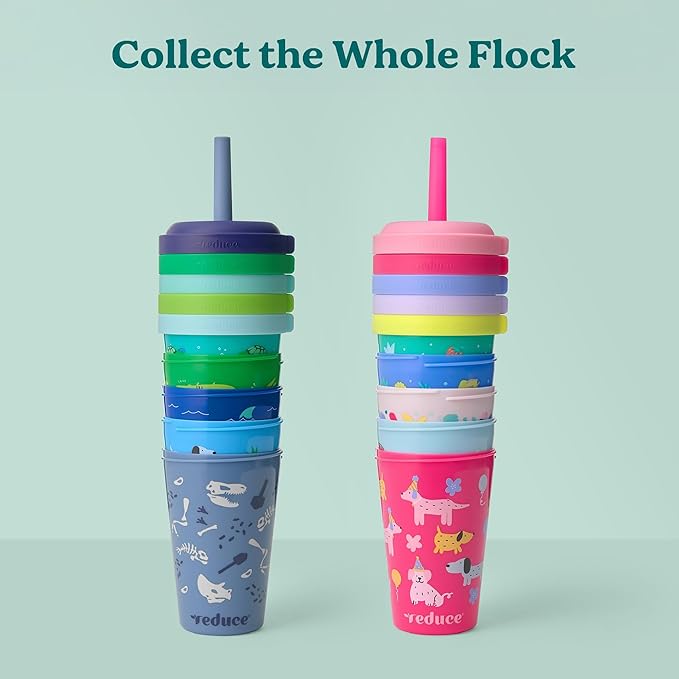 REDUCE GoGo's Kids Portable Tumbler Cups with Lids and Spill-Proof Straws - 5 Pack of Stackable 12 oz Tumblers with Twist-On Lids - Easy Storage, Dishwasher Safe - Serendipity Set