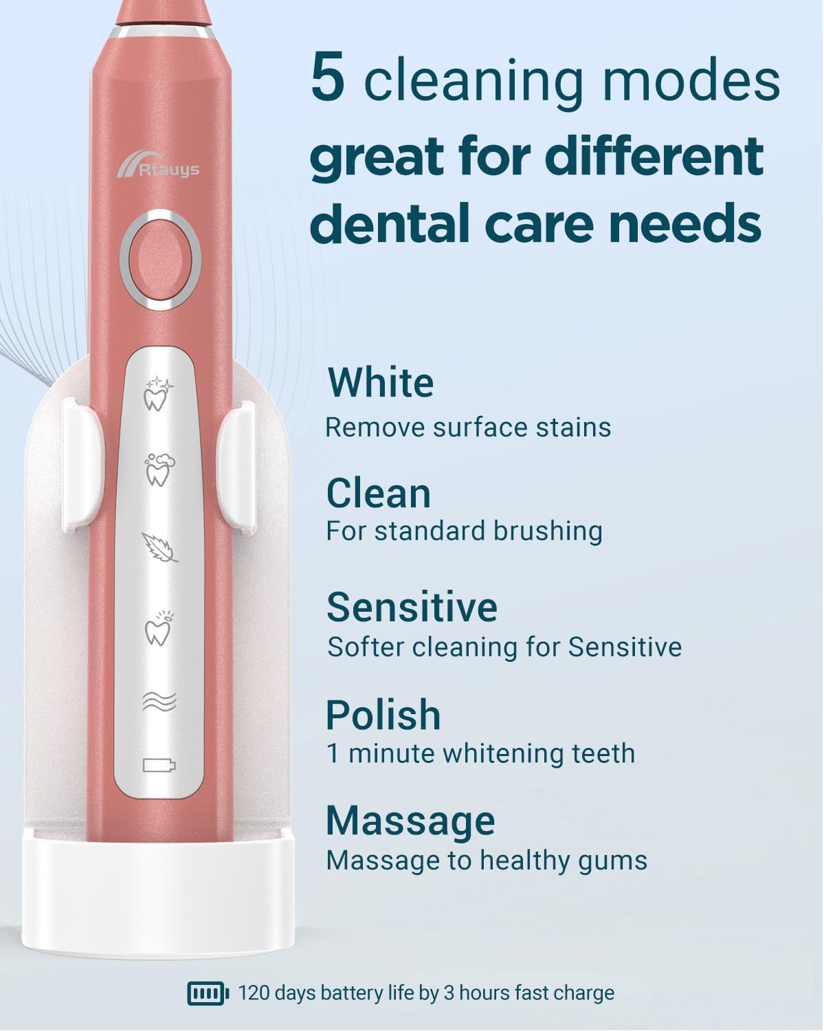Rtauys 2 Pack Electric Toothbrush for Adults - 2 Rechargeable Electric Toothbrushes with 12 Brush Heads & 2 Travel Cases, Power Electric Toothbrush with Holder, 120 Days Battery Life - Black+Rosered