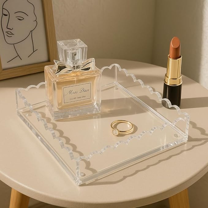 Acrylic Tray with Ultra-Strong Magnetic Mat- Customizable Serving & Display Tray, Clear Scalloped Vanity Jewelry Organizer, Picture Frame Bathroom Tray Decor, Unique Gift for Women Girls
