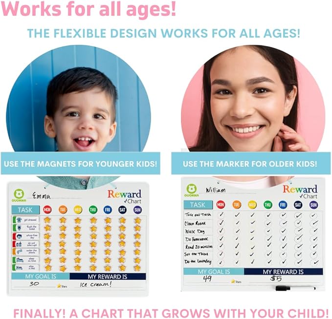 QUOKKA Reward Chart for Kids - Magnetic Behavior Chore Chart for Kids at Home - Dry and Erase Routine and Responsibility - Use 84 Magnets & 102 Stars - from Toddlers to Teens - Version 1 Extended
