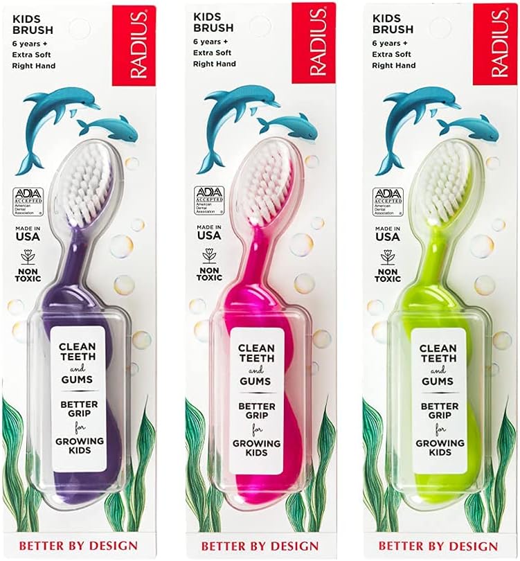 RADIUS Kidz Toothbrush Children's Right Hand BPA Free ADA Accepted Designed to Clean Teeth & Gums for Children 6 Years & Up - Pink Purple Green - Pack of 3