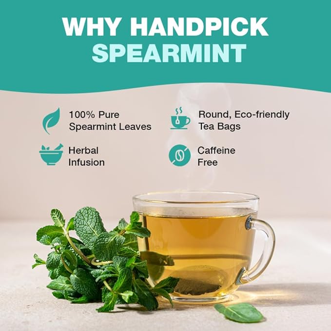 HANDPICK, Spearmint Tea Bags for PCOS relief (100 Herbal Tea Bags) |Refreshing Mint Tea | Non-GMO | Round Eco-Conscious Teabags