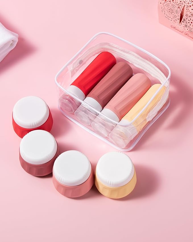 Travel Size Toiletries 8 Pack, TSA Approved 3oz Silicone Squeeze Bottles & Cream Jars with Clear Travel Bag