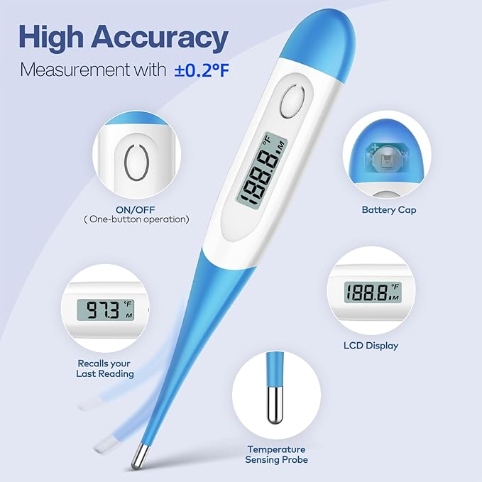 Boncare 10 Seconds Oral Thermometer for Adults and Kids - Accurate & Safe Rectal Digital Thermometer for Baby with Fever Alarm (Light Blue)