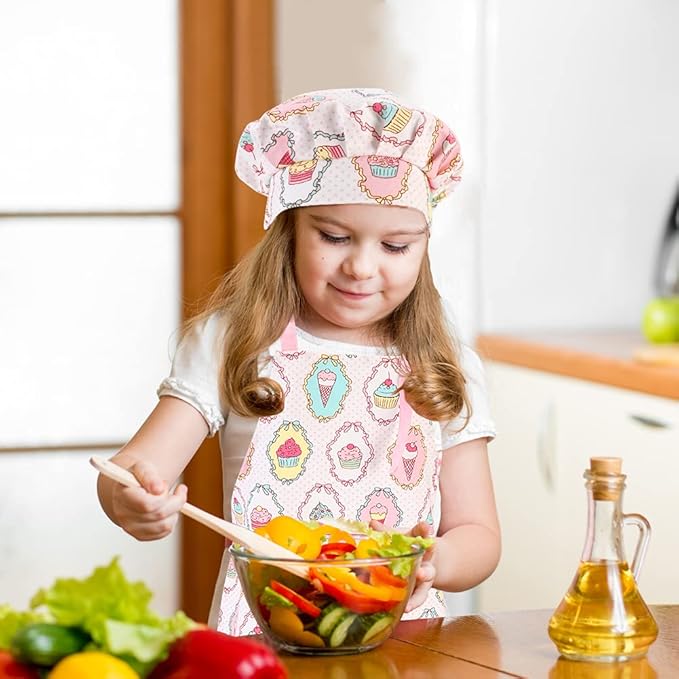 Kids Apron and Chef Hat Set, Adjustable Cotton Child Aprons with Large Pocket Cute Girls Boys Kitchen Bib Aprons for Cooking Baking Painting