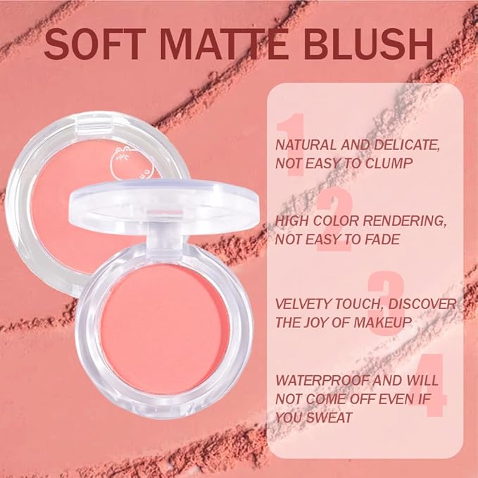 Matte Powder Blush for Cheeks – Long Lasting Natural Face Blusher Makeup, Lightweight Blendable Cheek Color for Women, Vegan & Cruelty-Free – #03 Peach Pink