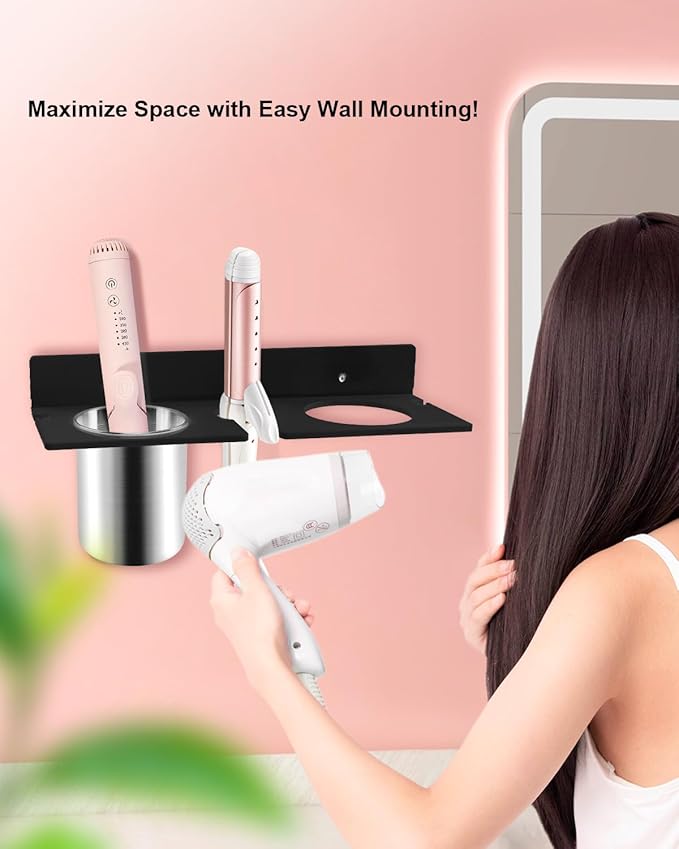 Hair Tool Organizer, Hair Dryer Holder with Heatproof Steel Cups, Acrylic Vanity Organizer for Curling Iron, Flat Iron & Hair Brushes, Perfect for Bathroom (Black, Compact)