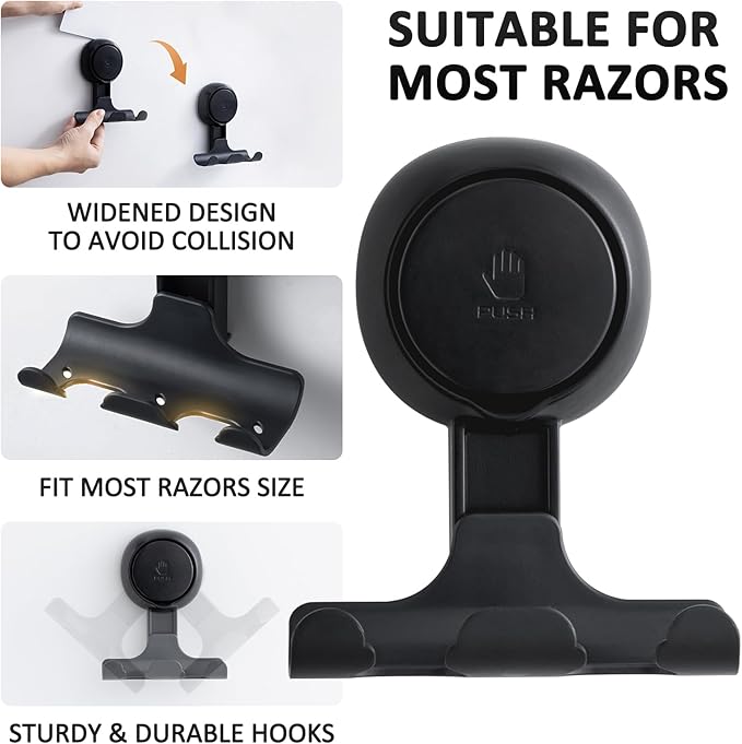 LEVERLOC Razor Holder for Shower 2 Pack, Powerful Vacuum Suction Cup Hook for Towel, Loofah, Razor, Squeegee, Damage-Free Wall Shower Hook, Shaver Holder for Bathroom, Easy to Install and Reuse, Black