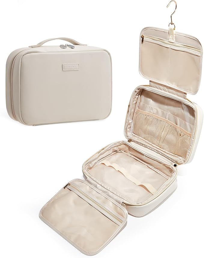 EACHY Toiletry Bag with Hanging Hook, Travel Makeup Bag PU Leather Cosmetic Bags for Women Make Up Organizer with 4 Compartments Waterproof Full-Size Portable Travel Essentials (Beige)