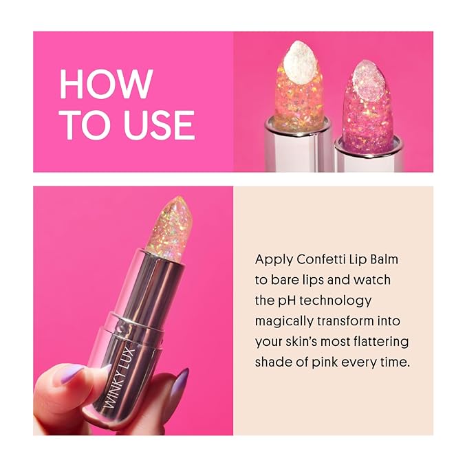 Winky Lux Rainbow Glitter Confetti Balm - Hydrating ph Lip Balm, Natural Pink Tint with pH Color Changing, Moisturize & Soften Lips While Leaving Sheer Pink Tint, with Vanilla Scent