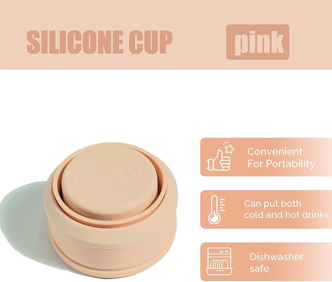 Collapsible Cup for Traveling, 12Oz Collapsible Silicone Travel Cup for Hot and Cold Drinks, Leak Proof Reusable Folding Travel Coffee Mug for Camping & Hiking, Pink