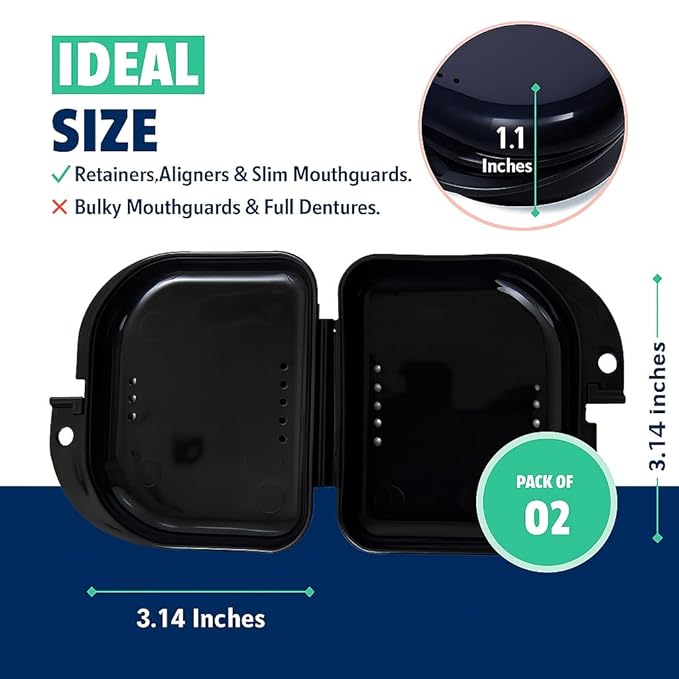 Retainer Case - Pack of 2 - Odorless Mouth Guard Case-Retainer Holder-Ventilated, Durable & Hygienic Night Guard Case for Carrying and Protecting Braces, Partial Dentures & Aligners-3.14 x 3.14 x 1.1