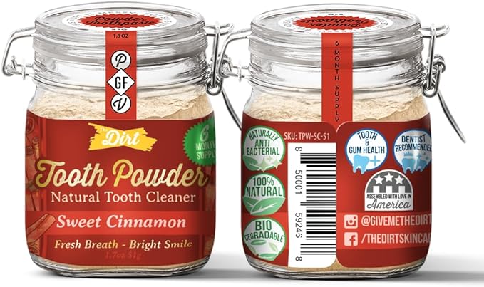 The Dirt - Remineralizing Tooth Powder, Natural Fluoride-Free Teeth Whitening Powder with Hydroxyapatite, Flouride & Gluten Free, Organic Vegan (Sweet Cinnamon, 51g: 6 Month Supply)