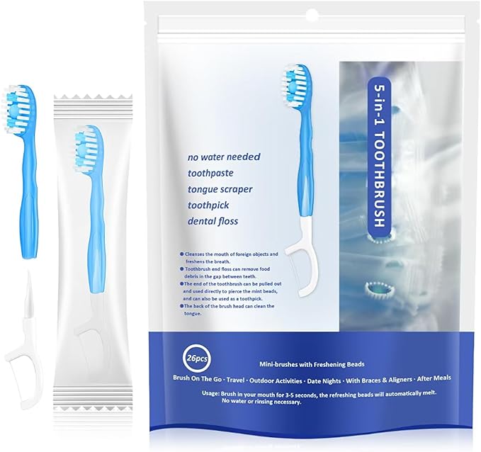 26 Pack Mini Disposable Toothbrushes with Toothpaste 5 in 1 Travel Toothbrush with Toothpaste + Tongue Scraper + Picks+Floss Travel Case Individually Wrapped Portable (Peppermint, 26)
