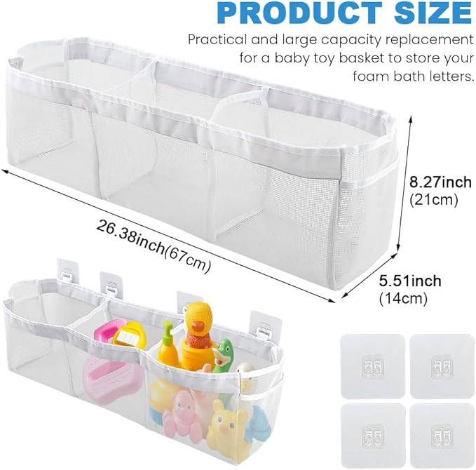 JIANWEI Bath Toy Organizer, 3 Compartment Bathtub Toy Storage Bag, Quick Access Bath Toy Holder with 4 Hooks, Mesh Shower Caddy Practical Supplies for Toy Organizer and Sorting(White)