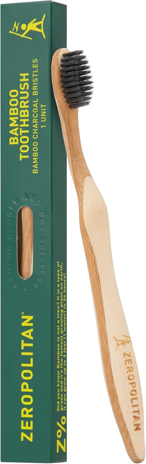 Bamboo Toothbrushes with Soft Charcoal Bristles 1 Unit - Ergonomic Handle Wooden Toothbrushes - Eco Friendly, Low Waste and Biodegradable Toothbrushes