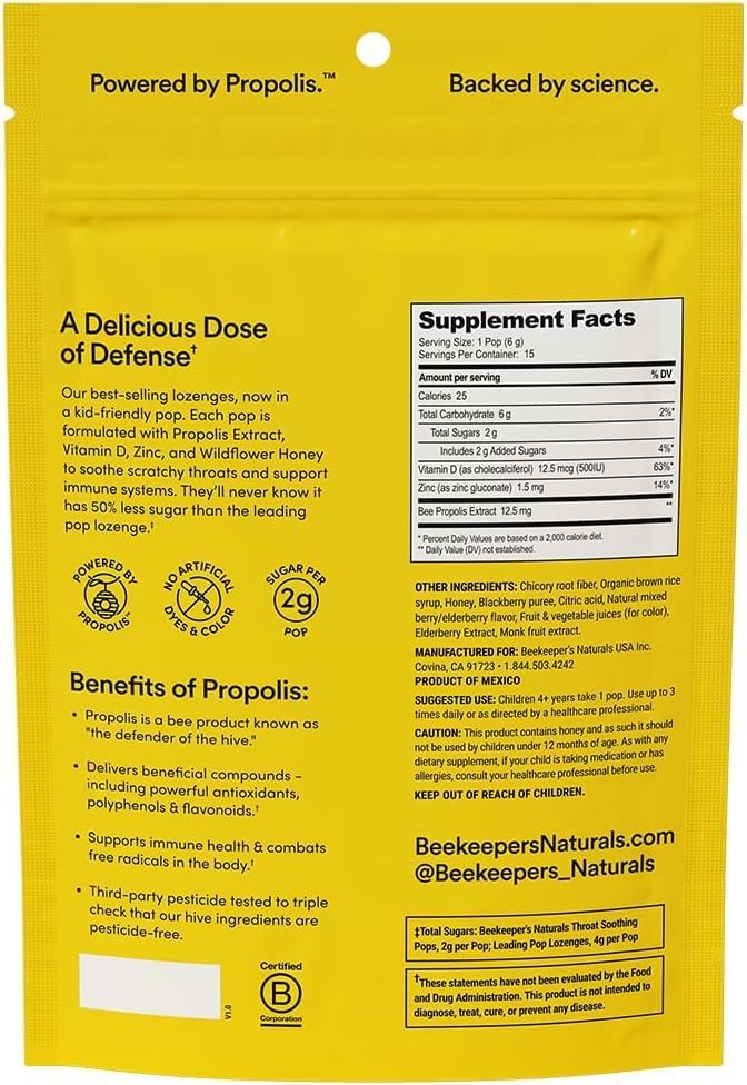Beekeeper's Naturals Kids Throat Soothing Lollipops, Mixed Berry & Elderberry Doctor Formulated Immune Support, Vitamin D & Honey, 15 ct