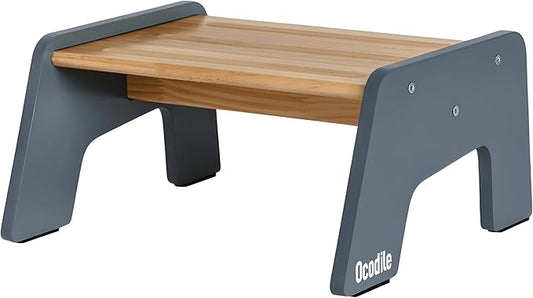 OCODILE 1-Step Wooden Step Stool for Toddlers | Kids Step Stool for Bathroom Sink, Kitchen, and Potty Training | Non-Slip Stool for Toilet Independence | Wooden Step for Children Ages 2+ Gray