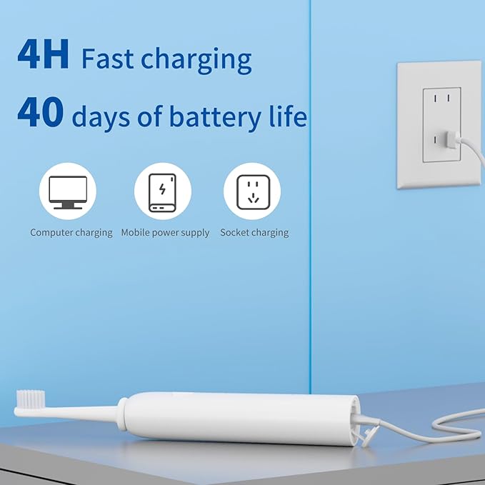 Rooman Oscillation&Vibration Sonic Electric Toothbrush for Adults, with 8 Brush Heads for Travel & Teeth Care, 20000 VPM, 3 Cleaning Modes, 2-Minute Timer, IPX7 Waterproof (White)