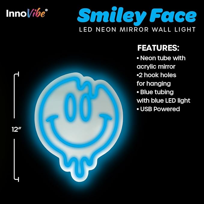 Smiley Face Neon Sign, LED Mirror Wall Light, Melting Smiley Face Decor for Girls, Cool Large Neon Sign for Room or Wall Decoration