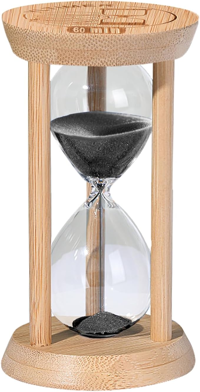 60 Minute Wooden Sand Timers, Bamboo Black Sand Hourglass for Productivity, Meditation & Decor, 60 Min Reloj De Arena for Kitchen, Office, Yoga, Game, Classroom