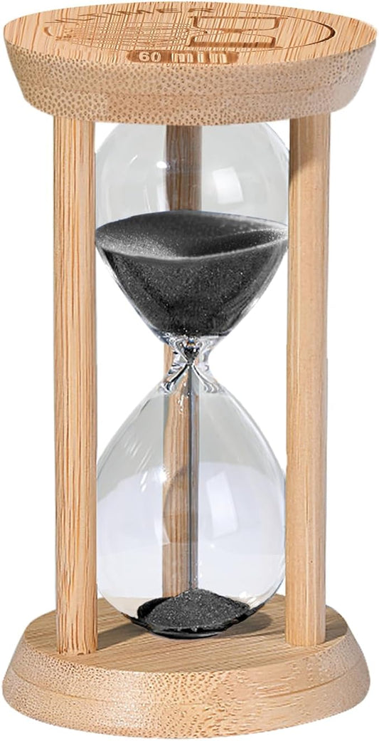 60 Minute Wooden Sand Timers, Bamboo Black Sand Hourglass for Productivity, Meditation & Decor, 60 Min Reloj De Arena for Kitchen, Office, Yoga, Game, Classroom