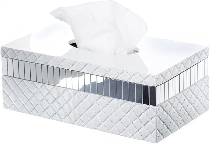 Creative Scents Quilted Mirror Rectangle Tissue Box Cover - White Tissue Box Holder Rectangular for Bathroom with Durable Bottom Slider - Tissue holders Decorative White Bathroom Accessories and Decor