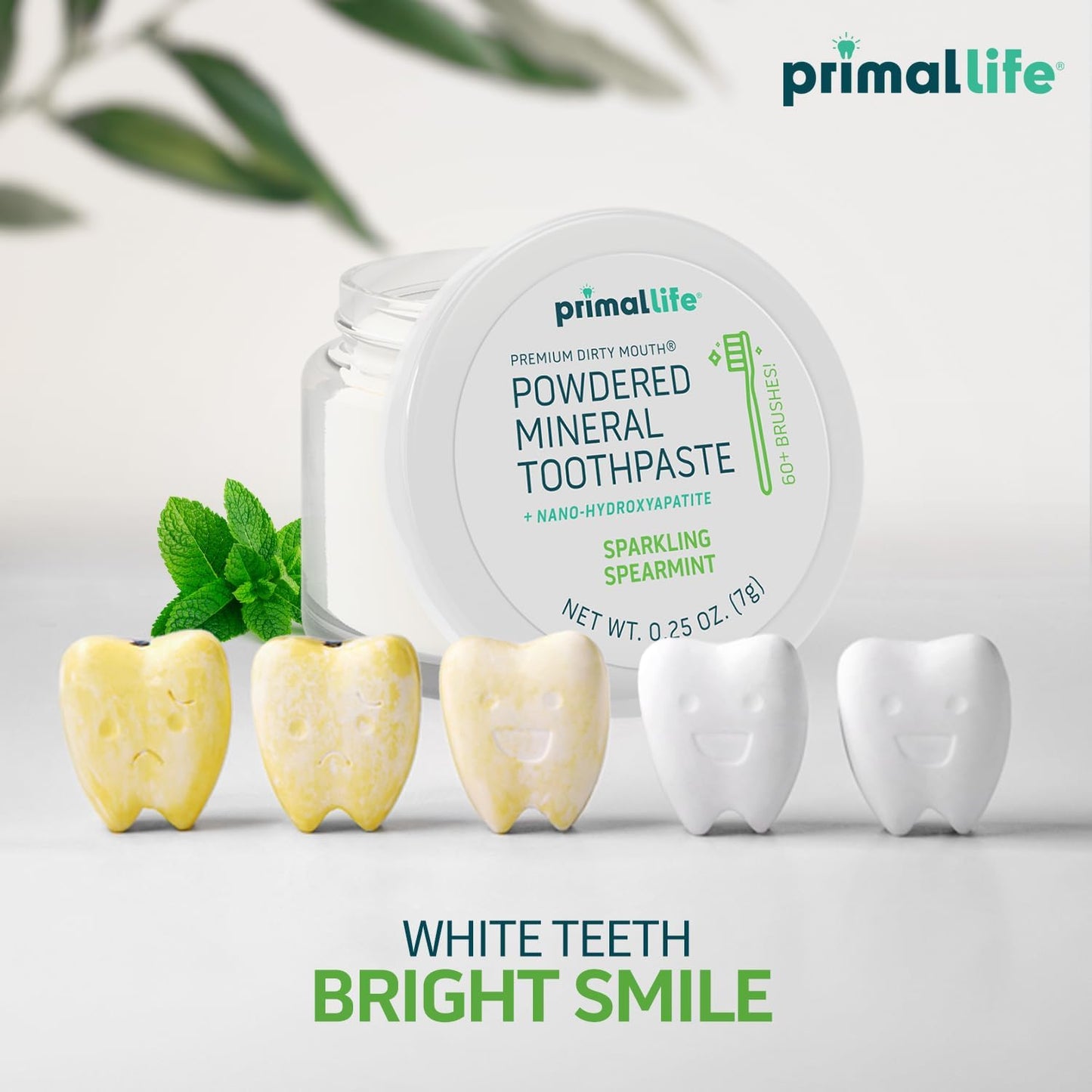 Primal Life Organics Dirty Mouth Toothpowder, Tooth Cleaning Powder, Flavored Essential Oils, Hydroxyapatite, Natural Kaolin, Bentonite Clay, USE: 60+ Brushings, Paleo, Organic, Vegan Spearmint 0.25oz