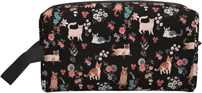 Cat and Floral Toiletry Bag for Women Men Portable Travel Wash Bag Waterproof Gym Shaving Toiletries Cosmetic Organizer Bag, Shower Bathroom Toiletries Accessories Makeup Bag with Handle