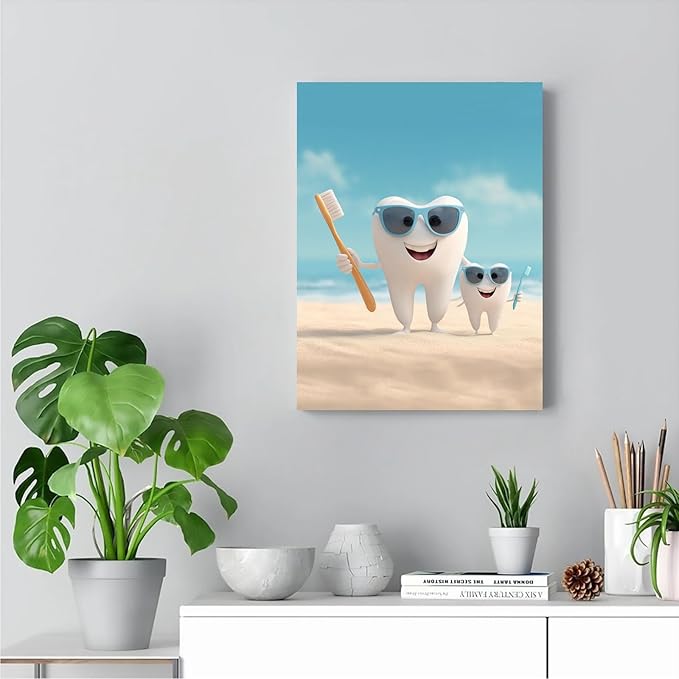 SchindlerBang Vibrant Tooth Vacation Art,Sunny Beach Canvas,Cheerful Decor for Summer Clinics,Pool Houses,and Vacation Rentals 12x16inch Ready to Hang