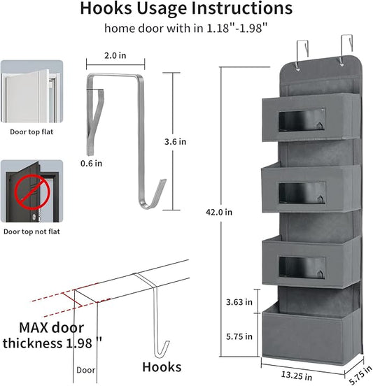 MAX Houser 4-Shelf Over The Door Hanging Organizer with 2 Metal Hooks,4 Pocket Over The Door Wall Mount Storage with Clear Windows for Baby Nursery Bathroom Closet,Bedroom,Dorm,Diapers,Kids Toys(Gray)