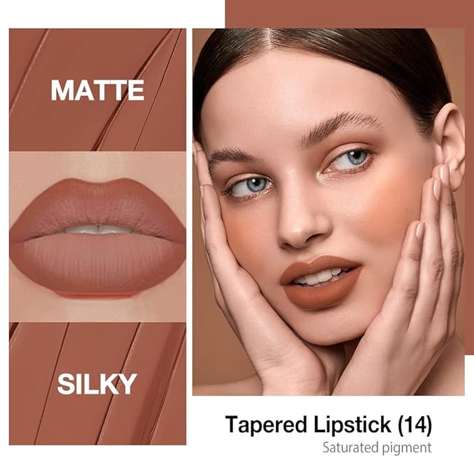 evpct Brown Gradient Matte Lipstick Lip Liner Crayon Combo Pencil Set for Women Long Lasting Waterproof, Nude Brown Matte Cream Lip Liner and Lipstick Combo Makeup, Flawless Gradual Ombre Effect