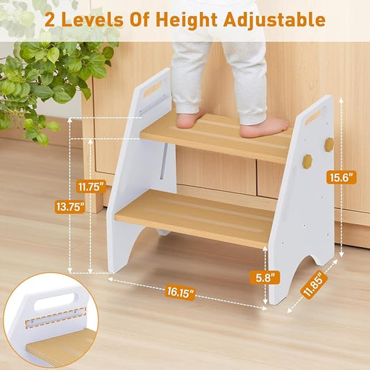 Toddler Step Stool, Wooden Height-Adjustable 2 Step Stool for Kids, 2 in 1 Potty Training Stool with Safety Handles Non-Slip Pads for Bathroom Sink, Kitchen, Bedroom (White)
