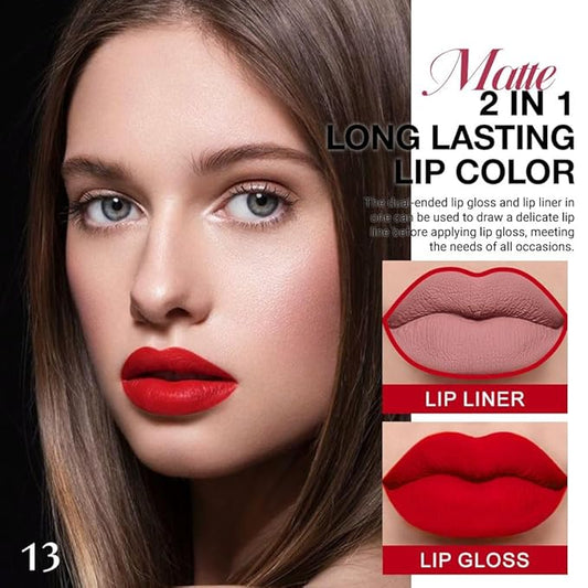 1Pcs 2 in 1 Bright Red Matte Lip Liner and Liquid Lipstick Stain Makeup Set for women, Red Long Lasting Smudge Proof Lip Tint Matte Finish Lip Gloss for All-Day Color Hold Easy to Use 13#