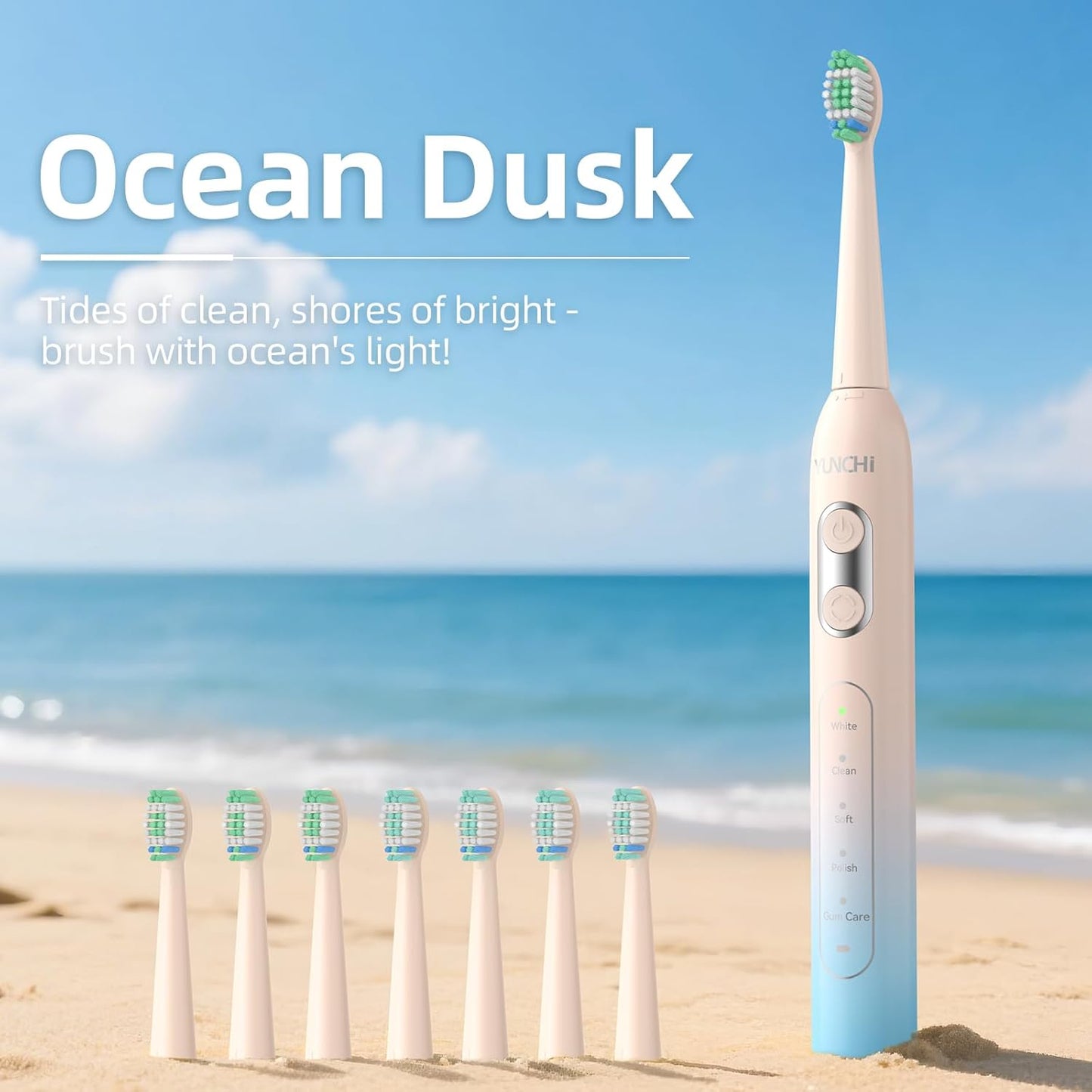 YUNCHI Electric Toothbrush for Adults and Kids, Sonic Rechargeable Battery Toothbrushes, 8 Brush Heads, 1 Travel Case, 2 Min Timer, IPX7 Waterproof, 5 Modes, Blue Yellow Gradient