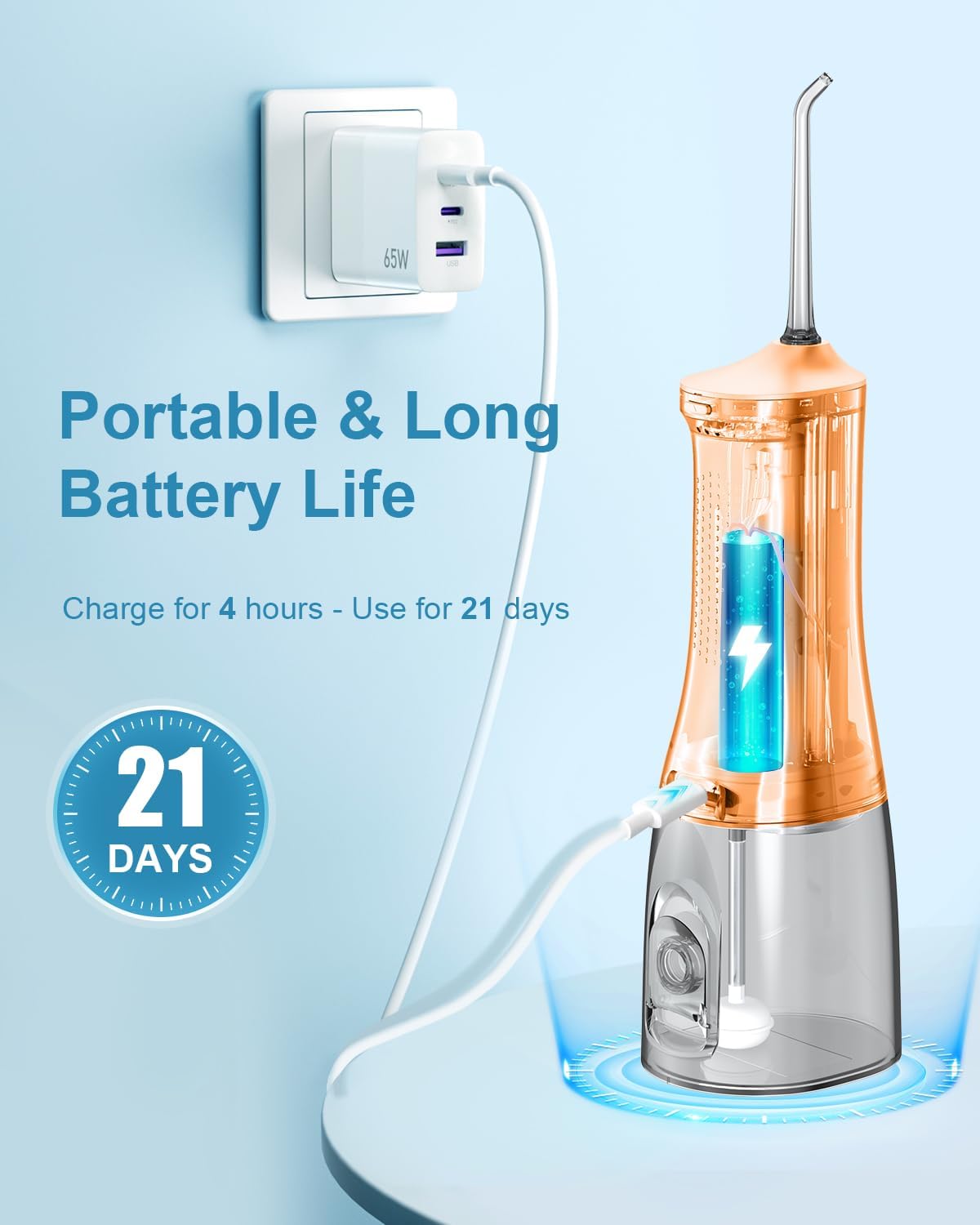 Operan Water Flossers for Teeth Cleaning, Upgraded 300ml Cordless Water Dental Flossers Portable Rechargeable Oral Irrigator with 4 Modes 4 Jet Tips IPX7 Waterproof for Home Travel, Orange
