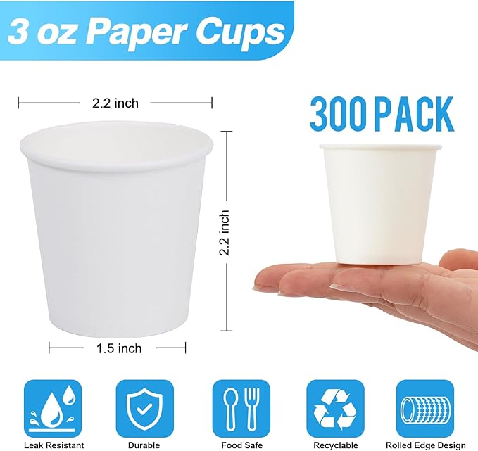 300 Pack 3 oz Paper Cups, White Disposable Bathroom Cups,Small Mouthwash Paper Drinking Cup for Party,Picnic,Travel and Events