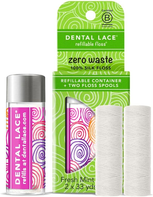 Dental Lace Refillable Silk Dental Floss – 100% Silk Floss with Mint Flavor, PFAS & PTFE Free – Includes 1 Refillable Pink Glass Floss Container and 2 Spools (Total 66 Yards) – Recyclable Packaging