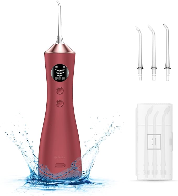 Water Dental Flosser for Teeth, Portable Cordless Water Flosser with 300ML Rechargeable with Type-C, IPX7 Waterproof Water Flossers for Adults with 3 Intensity Modes and 3 Flossing Tips Bordeaux