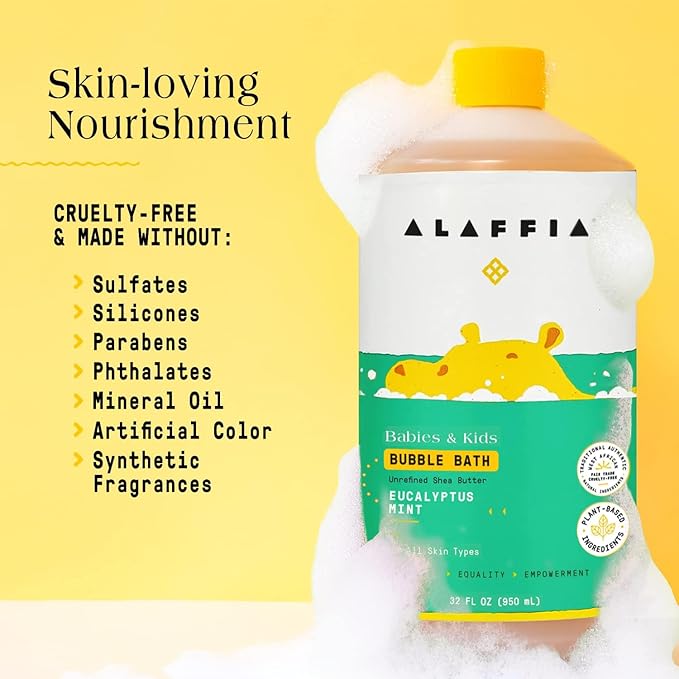 Alaffia Babies & Kids Bubble Bath, Eucalyptus Mint, Pump Included – Gentle Cleanser with Raw Shea Butter and Lemon Balm, 32 Fl Oz