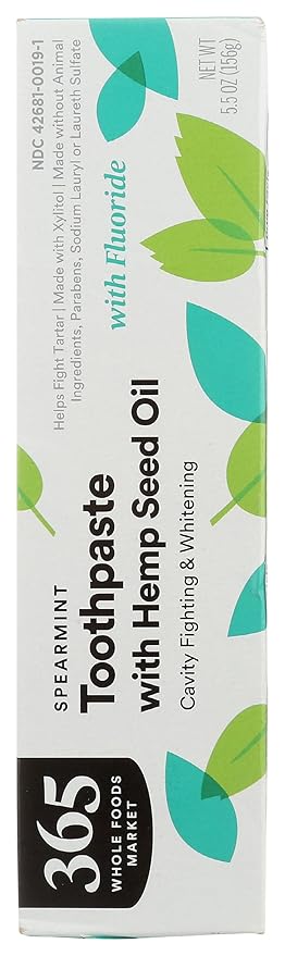 365 by Whole Foods Market, Toothpaste with Hemp Seed Oil, Spearmint, Cavity Fighting & Whitening, With Fluoride, 5.5 Ounce