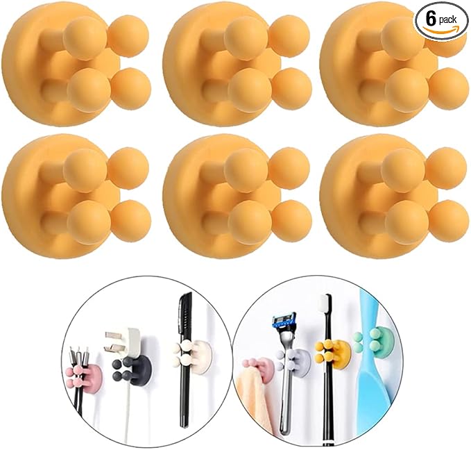 Silicone Toothbrush Holders - 6Pcs Razor Hooks Adhesive Wall Mounted for Hanging Towel Key Plug Cable, Utility Decor Stick to Dorm Room Door Function for Kitchen Bathroom Home Office, Yellow