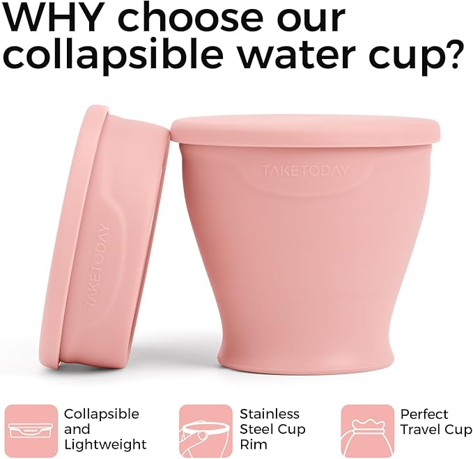 TakeToday Collapsible Travel Cup - Silicone Foldable Water Cup, BPA-Free with Lid & Waterproof Bag - Drinking Cup Set for Camping, Outdoors & International Travel（8 Oz, Lowcountry Peach）