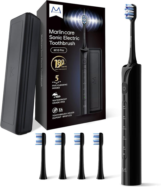Electric Toothbrush for Adults, Rechargeable Sonic Travel Toothbrush Teens with 4 Brush Heads-180 Days Battery Life, 55000VPM, 5 Modes Smart Timer& Travel Case, Black