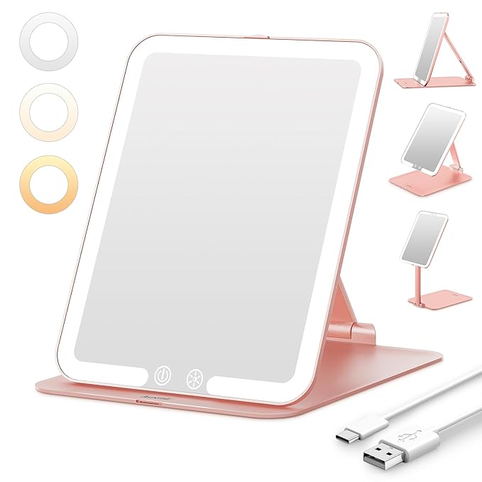 Auxmir Travel Makeup Mirror with Light, Portable Folding Lighted Travel Makeup Mirrot with 72 LEDs, Rechargeable Compact Vanity Mirror with 3 Dimmable Color Lights, Adjustable Stand, Rose Gold