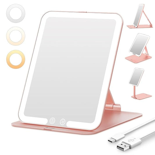 Auxmir Travel Makeup Mirror with Light, Portable Folding Lighted Travel Makeup Mirrot with 72 LEDs, Rechargeable Compact Vanity Mirror with 3 Dimmable Color Lights, Adjustable Stand, Rose Gold