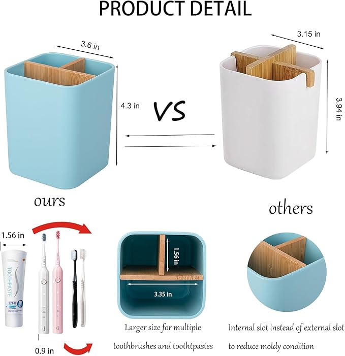 Bamboo Toothbrush Holder for Bathrooms, 3 Slots Toothbrush and Toothpaste Holder Bathroom Counter Organizer for Electric Toothbrushes, Floss, Razors - Blue