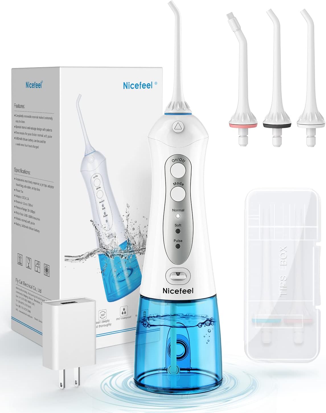Cordless Water Flosser Teeth Cleaner, Nicefeel 300ML 2 Tip Cases Portable and USB Rechargeable Oral Irrigator for Travel, IPX7 Waterproof, 3-Mode Water Flossing with 4 Jet Tips for Home
