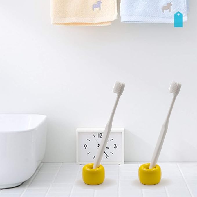 AirMoon Mini Ceramic Toothbrush Holder for Bathroom - Yellow Small Countertop Organizer, Easy Clean Toothbrush Stand, Suit for Electric Toothbrush Head, Pens & Coffee Spoon, Pack of 2